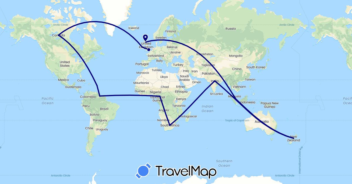 TravelMap itinerary: driving in Antigua and Barbuda, Canada, Cameroon, United Kingdom, Guyana, Ireland, India, New Zealand, Singapore, South Africa (Africa, Asia, Europe, North America, Oceania, South America)
